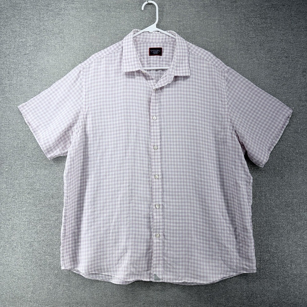 UNTUCKit Attilio Short Sleeve Shirt Men Size XXL Purple Check Linen Button Up